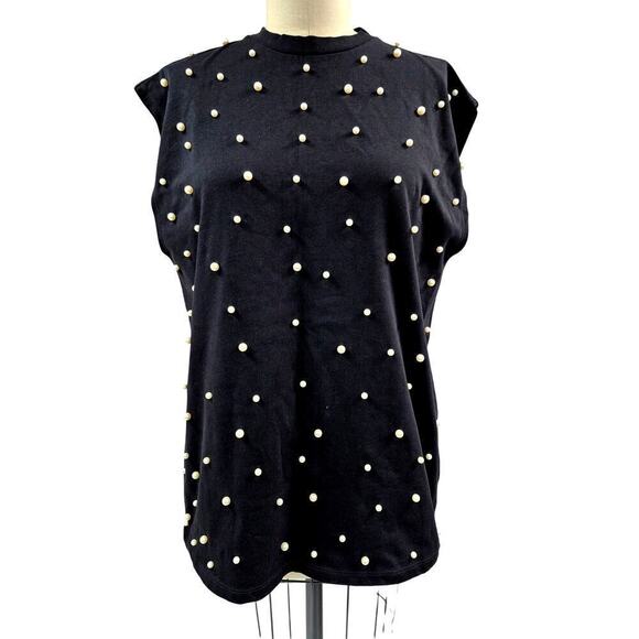 NWT Asos 100% Cotton Black Tunic Top Faux Pearl Design Sleeveless Sz M - Picture 1 of 5